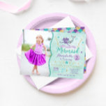 Mermaid Birthday Invite With Photo<br><div class="desc">This purple,  teal and gold invitation is perfect for a Mermaid Birthday Party! Customize with your photo and details!</div>
