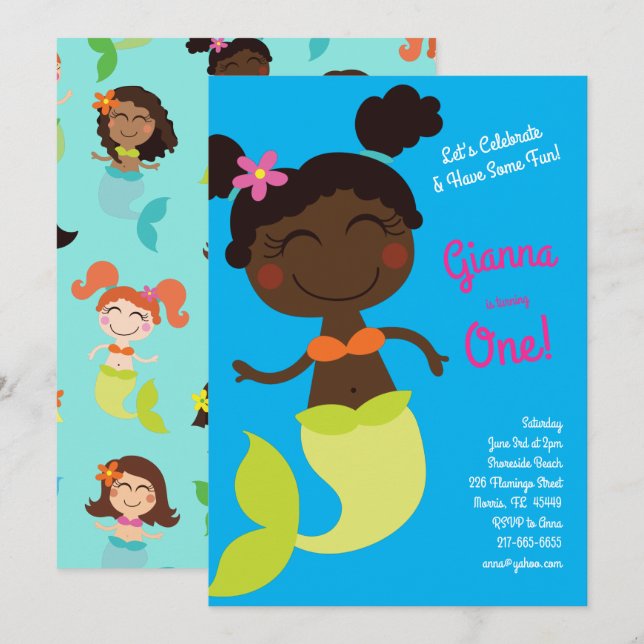 Mermaid Birthday Party Black African American Invitation (Front/Back)