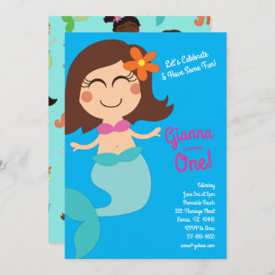 Mermaid Birthday Party Brown Hair Invitation