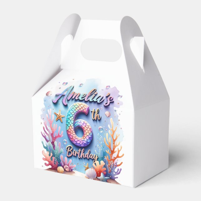 Mermaid Birthday Party Custom Name & Age Amelia 6 Favor Box (Front Side)