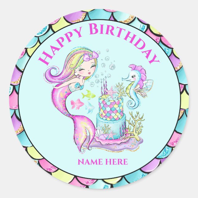 Mermaid Birthday Party Customizable Stickers (Front)