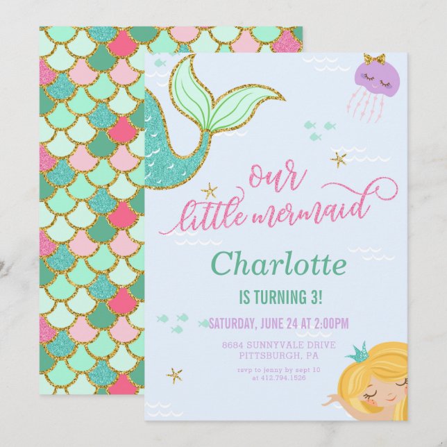 Mermaid Birthday Party Invitation - Gold Glitter (Front/Back)