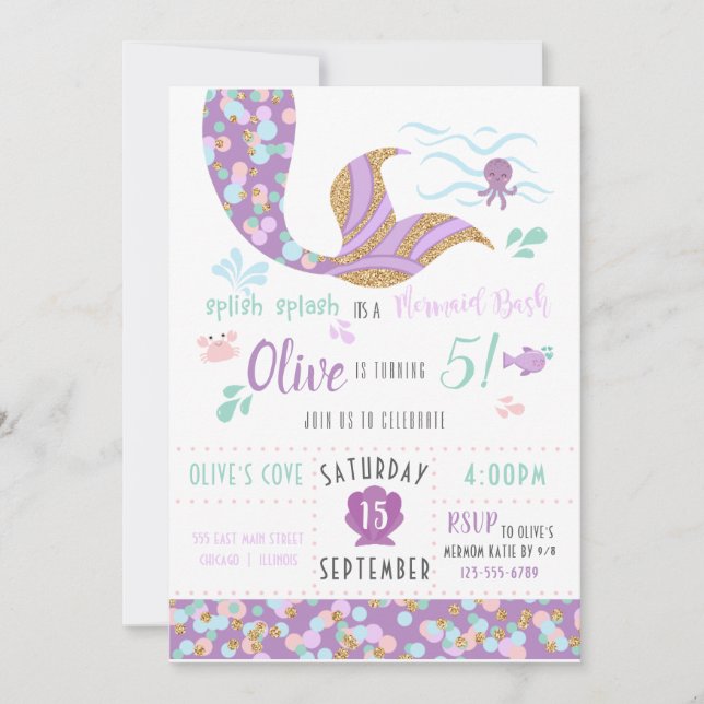 Mermaid Birthday Party Invitation Purple & Gold (Front)