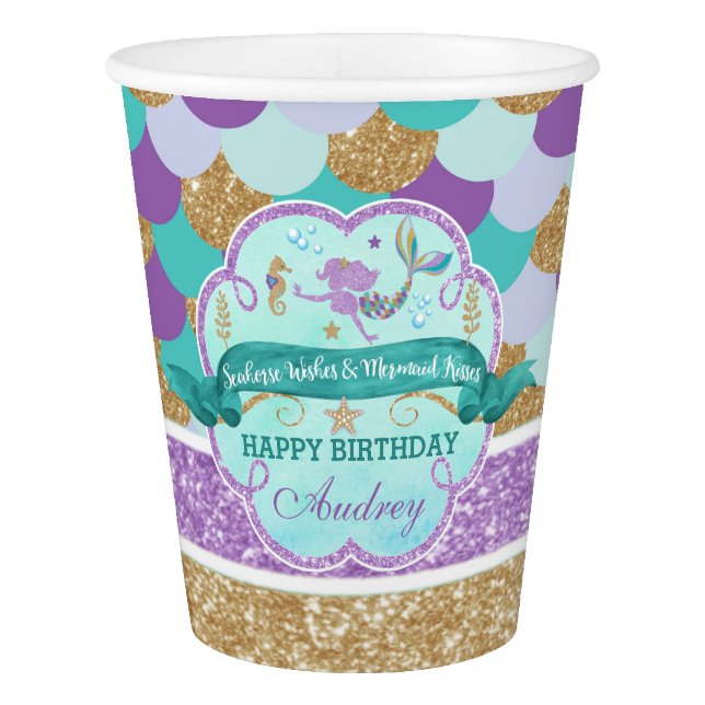 Mermaid Birthday Party Personalized Paper Cup (Front)
