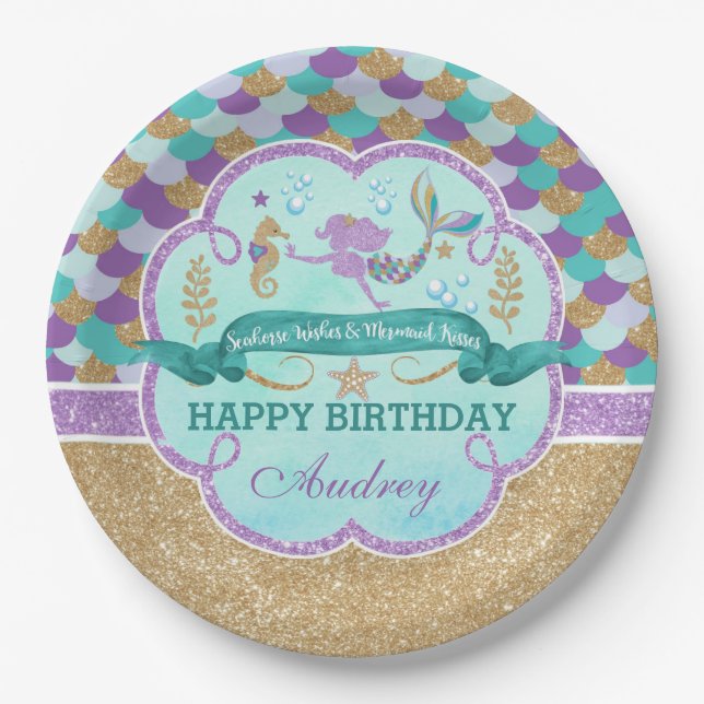 Mermaid Birthday Party Personalized Paper Plate (Front)