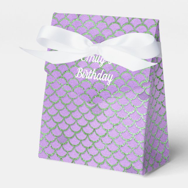 Mermaid Birthday Party Personalized Purple Silver Favor Box (Front Side)