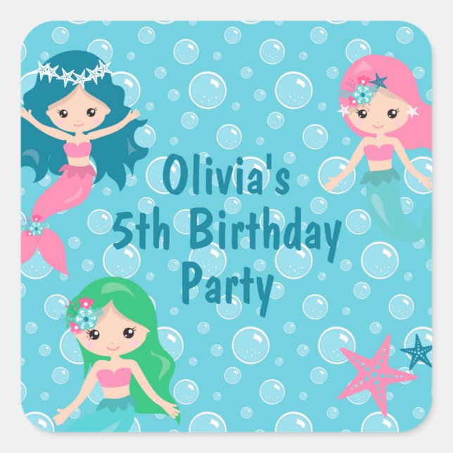 Mermaid Birthday Party Personalized Square Sticker (Front)