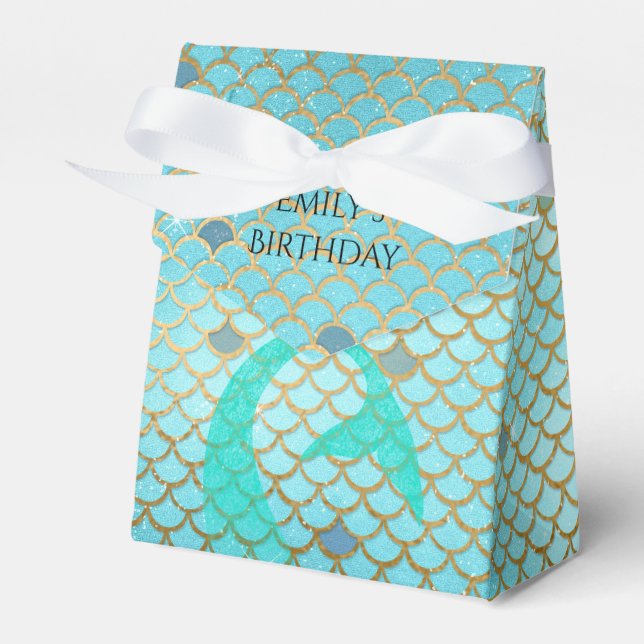 Mermaid Birthday Party Personalized Teal Gold Favor Box (Front Side)
