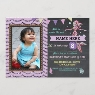 Mermaid Birthday Party Photo Purple Glitter Invite