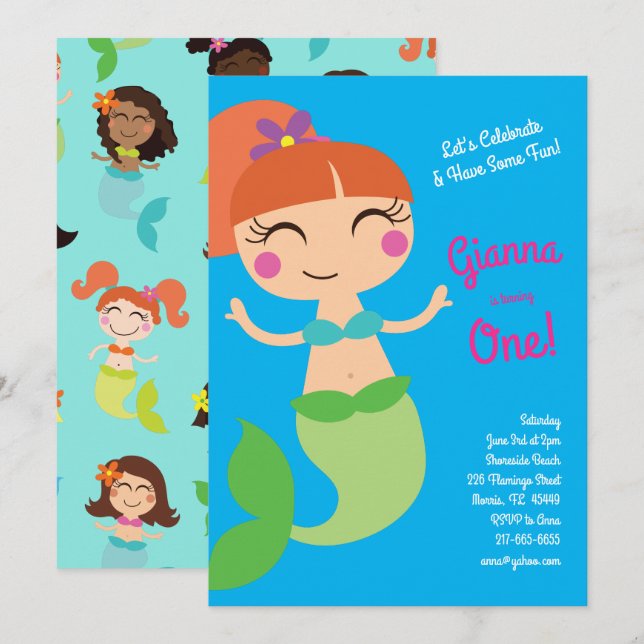Mermaid Birthday Party Red Hair Invitation (Front/Back)