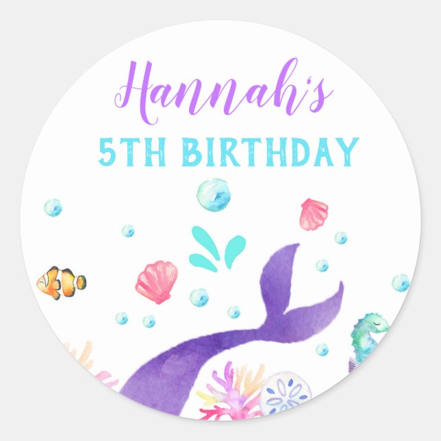 Mermaid birthday party sticker circle (Front)