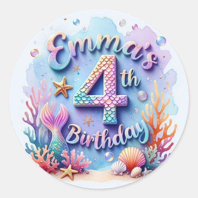 Mermaid Birthday Party Sticker – Custom Name & Age (Front)