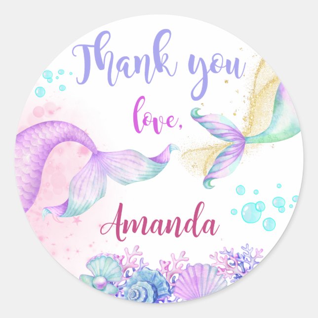 Mermaid Birthday Party Thank You Classic Round Sticker (Front)