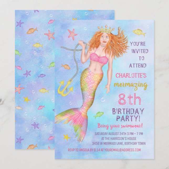 Mermaid Birthday Party Under the Sea Beach Redhead Invitation (Front/Back)
