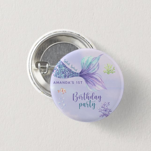 Mermaid Birthday Party Under The Sea Mermaid 1 Inch Round Button (Front & Back)