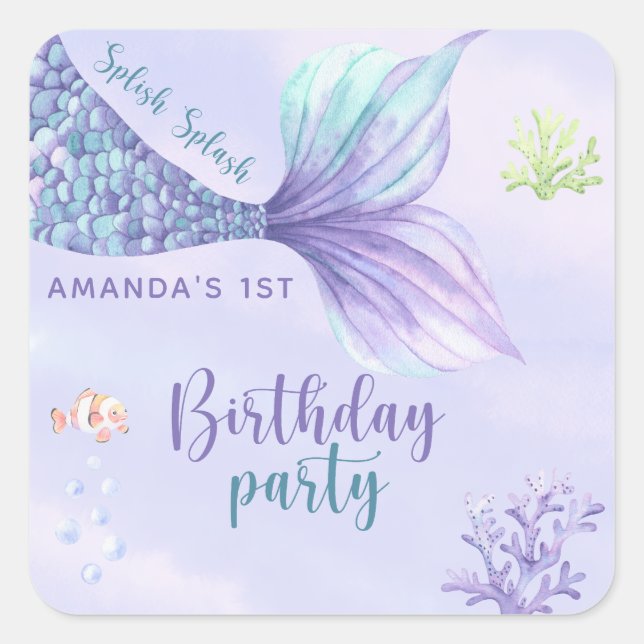 Mermaid Birthday Party Under The Sea Mermaid Square Sticker (Front)