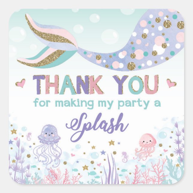 Mermaid Birthday Pool Party Thank You Tag Sticker (Front)