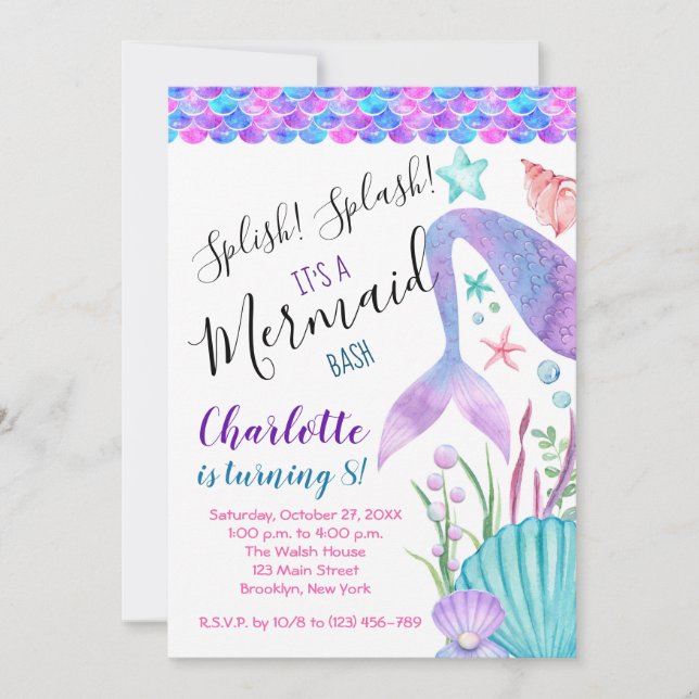 Mermaid Birthday, Splish Splash Invitation (Front)