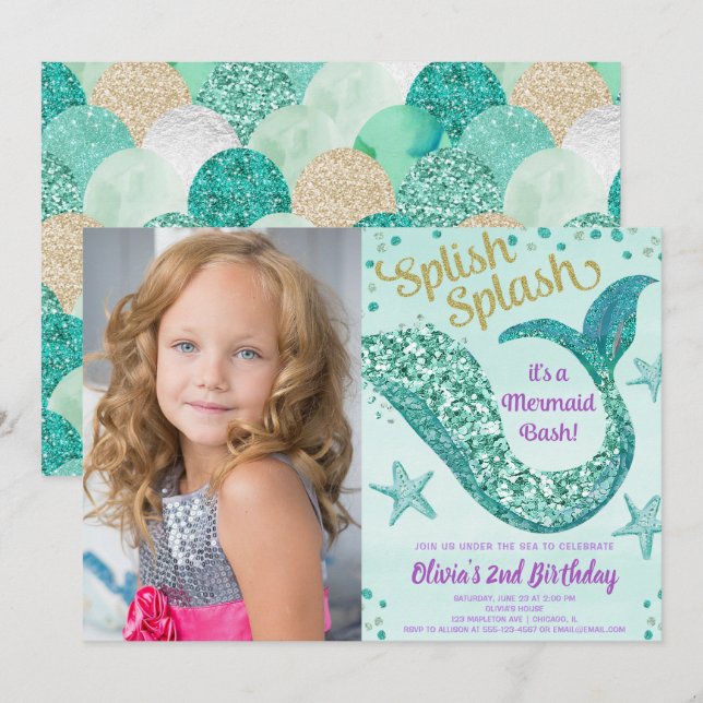 Mermaid birthday teal purple gold glitter photo invitation (Front/Back)
