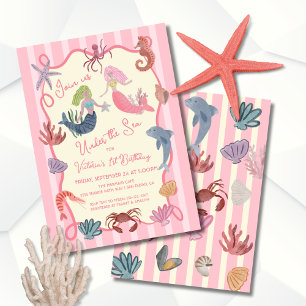 Mermaid Birthday under the sea coastal hand drawn Invitation