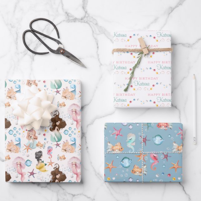 Mermaid Birthday Wrapping Paper Sheets (Front)