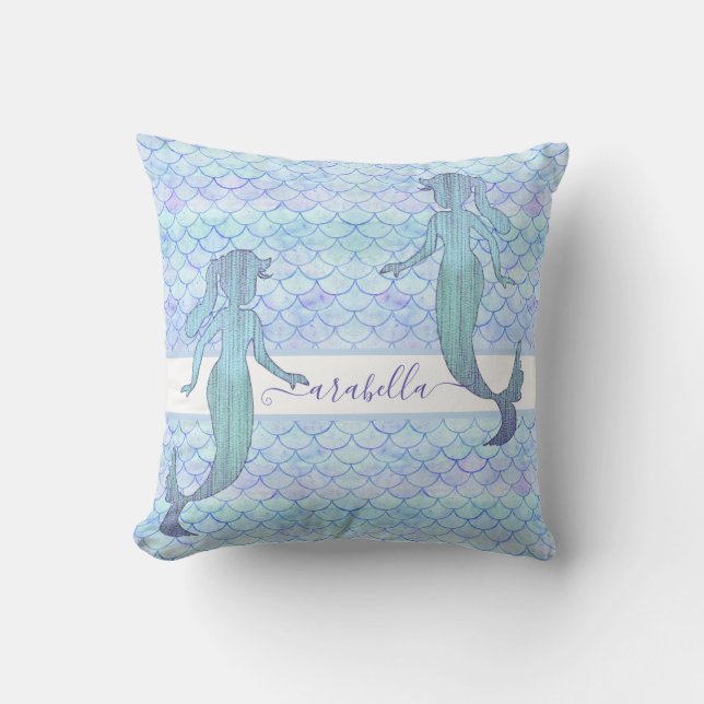 Mermaid Blue Purple Watercolor Fish Scale Name Throw Pillow (Front)