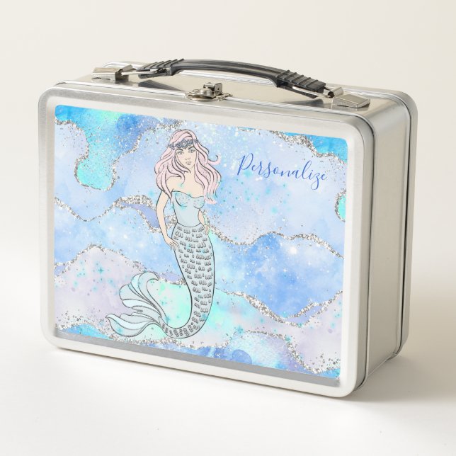 Mermaid Blue Silver Glitter Glam Personalized Metal Lunch Box (Front)