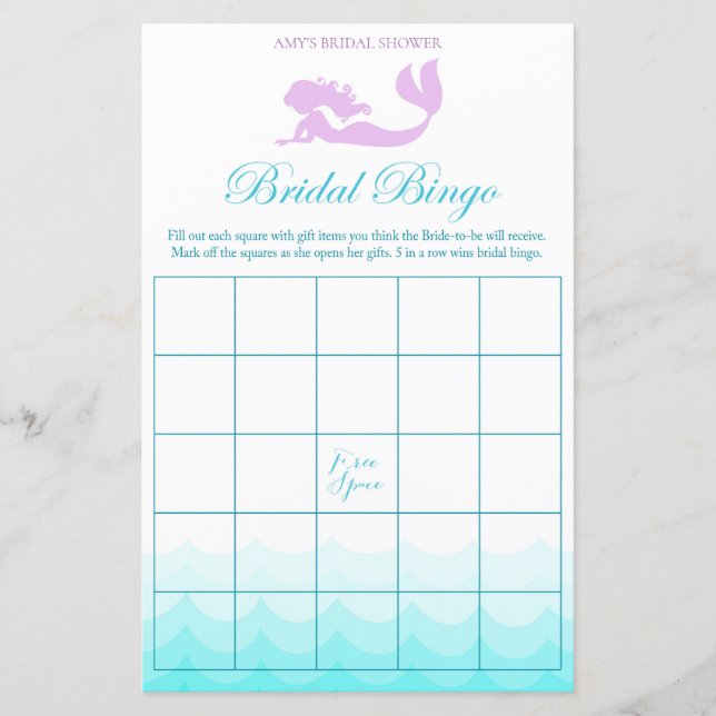 Mermaid Bridal Shower Game - Bridal Bingo (Front)