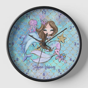 Mermaid Brown Hair Custom Girls Bedroom Wall Clock