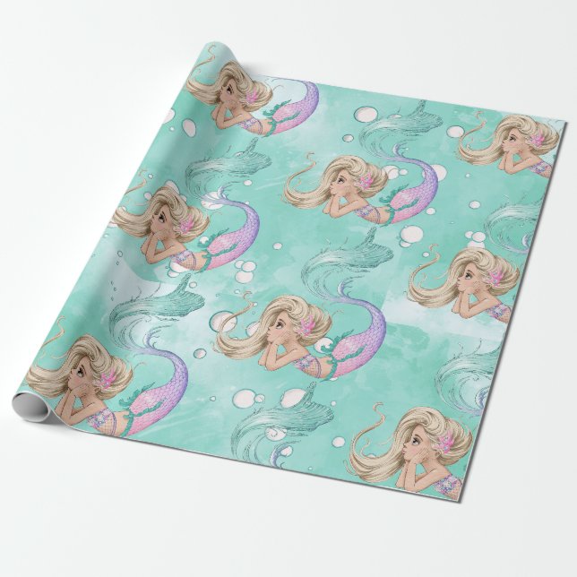Mermaid Bubbles Cute Pink Blue Gift   Wrapping Paper (Unrolled)