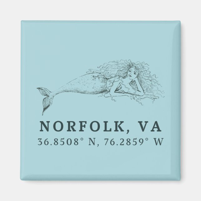 Mermaid Button Magnet - Coordinates of Norfolk VA (Front)