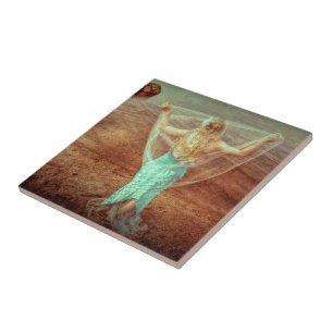 Mermaid By The Sea Vintage Teal Brown Nautical Art Tile