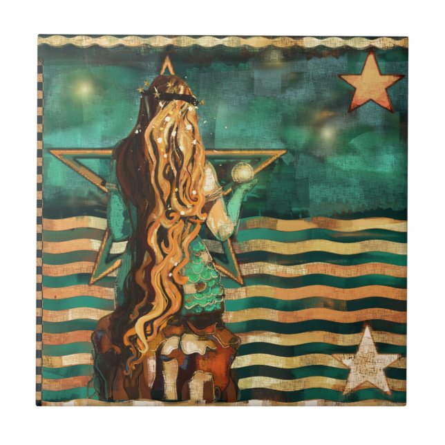 Mermaid by the Sea with Moon and Stars Tile (Front)