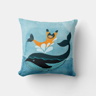 Mermaid cat and Whale Throw Pillow
