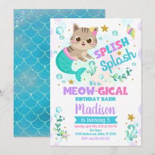 Mermaid Cat Birthday Invitation, Kitten Pool Party Invitation