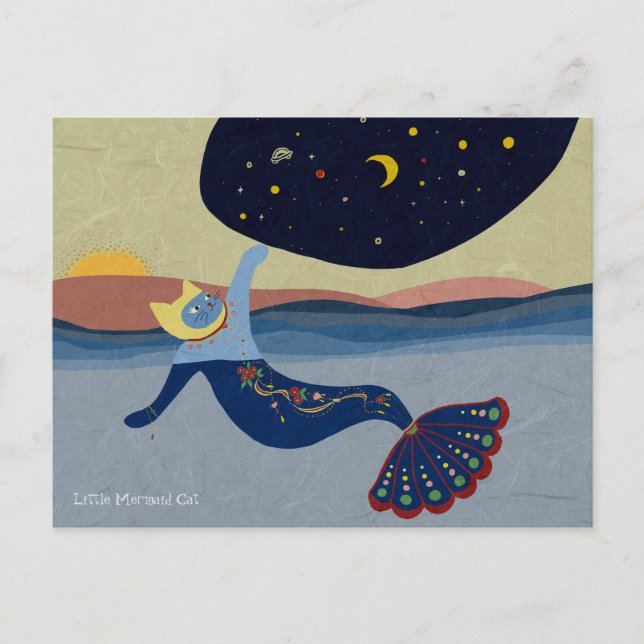 Mermaid cat night sky Postcard (Front)