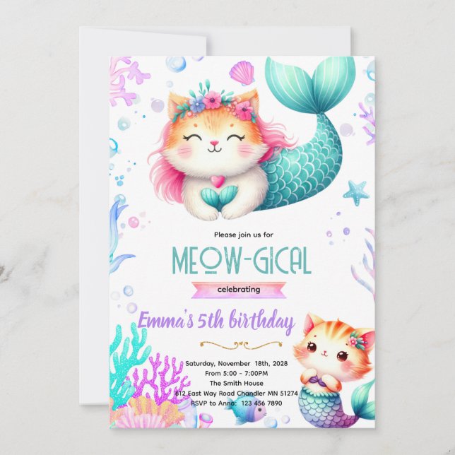 Mermaid cat party theme invitation (Front)