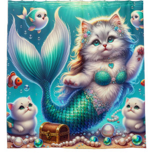 “Mermaid Cat with Kittens - Whimsical Water Art"