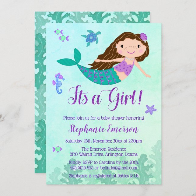Mermaid C'est une fille Baby Shower Invitations (Devant / Derrière)
