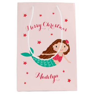 Mermaid Christmas Blush Pink Personalized Medium Gift Bag