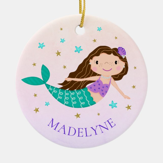 Mermaid Christmas Personalized Name Ceramic Ornament (Front)