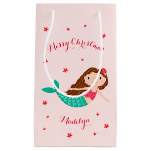 Mermaid Christmas Personalized Name Pink Small Gift Bag
