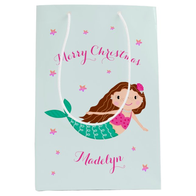 Mermaid Christmas Pink Teal Personalized Medium Gift Bag (Front)