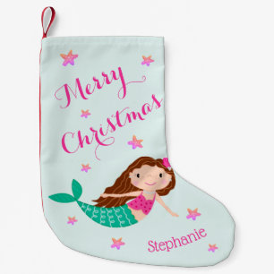 Mermaid Christmas Pink Teal Personalized Small Christmas Stocking