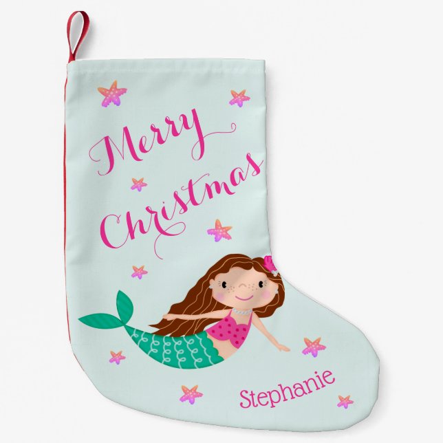 Mermaid Christmas Pink Teal Personalized Small Christmas Stocking (Front)