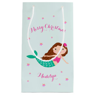 Mermaid Christmas Pink Teal Personalized Small Gift Bag