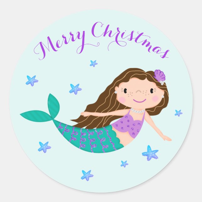 Mermaid Christmas Purple Glitter Classic Round Sticker (Front)