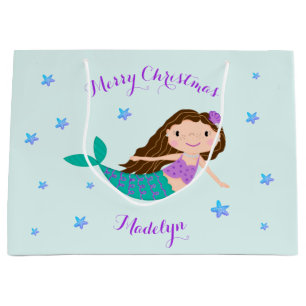 Mermaid Christmas Purple Glitter Personalized Large Gift Bag