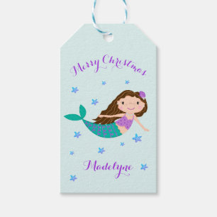 Mermaid Christmas Purple Glitter Personalized Name Gift Tags