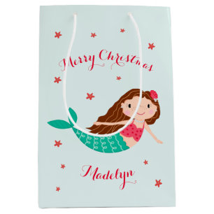 Mermaid Christmas Red Aqua Personalized Medium Gift Bag